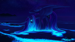 Size: 2560x1440 | Tagged: safe, artist:joellethenose, princess luna, alicorn, pony, beautiful, color porn, female, glow, glowing mane, looking down, loose hair, mare, missing accessory, night, night sky, ocean, outdoors, signature, sky, smiling, solo, spread wings, standing, starry night, stars, water, wet mane