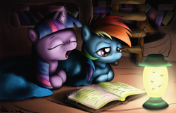 Size: 2500x1613 | Tagged: safe, artist:neko-me, rainbow dash, twilight sparkle, pegasus, pony, book, golden oaks library, lantern, magic, night, reading, yawn