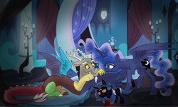 Size: 2500x1500 | Tagged: safe, artist:theroyalartofna, discord, princess luna, oc, oc:ursa moonstorm, alicorn, hybrid, pony, cute, discute, family, happy, interspecies offspring, lunacord, male, offspring, parent:discord, parent:princess luna, parents:lunacord, shipping, smiling, spread wings, straight, third eye