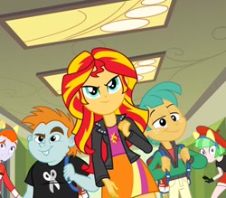 Size: 400x350 | Tagged: safe, screencap, drama letter, heath burns, snails, snips, sunset shimmer, watermelody, equestria girls, equestria girls (movie), background human, female, male