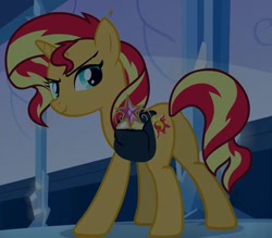 Size: 400x350 | Tagged: safe, screencap, sunset shimmer, pony, equestria girls, equestria girls (movie), big crown thingy, crown, female, mare, plot, saddle bag, solo, stealing