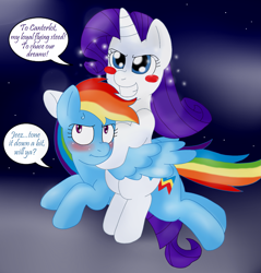 Size: 1433x1498 | Tagged: safe, artist:blackbewhite2k7, rainbow dash, rarity, pegasus, pony, unicorn, blushing, determined, female, flying, lesbian, ponies riding ponies, raridash, shipping