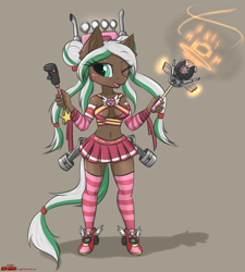 Size: 1320x1464 | Tagged: safe, artist:orang111, oc, oc:lynn, anthro, belly button, clothes, cute, engine, female, magic, magical girl, midriff, miniskirt, one eye closed, pigtails, pleated skirt, runes, scepter, sexy, shoes, simple background, skirt, socks, solo, stockings, striped socks, thigh highs, thighs, winged shoes, zettai ryouiki