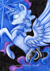 Size: 2425x3477 | Tagged: safe, artist:lunar-white-wolf, princess luna, alicorn, pony, black background, eyes closed, glowing horn, missing accessory, raised hoof, rearing, simple background, solo, traditional art