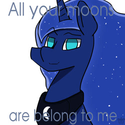 Size: 2000x2000 | Tagged: safe, artist:mopyr, derpibooru exclusive, princess luna, alicorn, pony, all your base are belong to us, bust, caption, looking at you, portrait, raised eyebrow, simple background, smiling, solo, white background