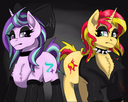 Size: 2201x1754 | Tagged: safe, artist:renwolf44, starlight glimmer, sunset shimmer, pony, unicorn, backwards cutie mark, bow, chest fluff, choker, clothes, duo, eyeshadow, female, goth, hilarious in hindsight, jacket, leather jacket, makeup, mare, socks, spiked choker, stockings, thigh highs