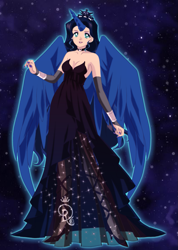 Size: 771x1080 | Tagged: safe, artist:leek-cn, princess luna, human, breasts, cleavage, clothes, dress, female, high heels, horned humanization, humanized, nail polish, sailor moon, solo