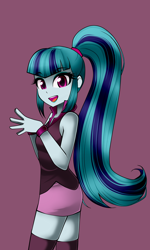 Size: 900x1500 | Tagged: safe, artist:nekojackun, sonata dusk, equestria girls, rainbow rocks, clothes, cute, female, looking at you, open mouth, ponytail, purple background, simple background, skirt, smiling, socks, solo, sonatabetes, thigh highs