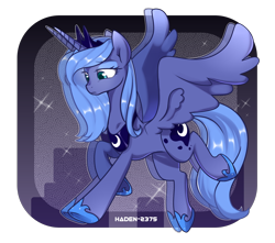 Size: 1920x1700 | Tagged: safe, artist:haden-2375, princess luna, alicorn, pony, abstract background, clothes, crown, cute, eyeshadow, female, horn, jewelry, lidded eyes, looking down, lunabetes, makeup, mare, peytral, princess, regalia, royalty, s1 luna, shoes, solo, sparkles, wings