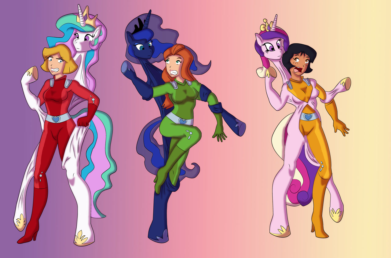 583655 - suggestive, artist:vytz, princess cadance, princess celestia,  princess luna, human, absurd resolution, alex (totally spies), bodysuit,  catsuit, clothes, clover (totally spies), commission, cosplay, costume,  crossover, female, females only ...