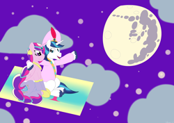 Size: 1024x724 | Tagged: safe, artist:sharpiesketches, princess cadance, shining armor, pony, unicorn, a whole new world, aladdin, clothes, cosplay, costume, cover art, doormat, mare in the moon, moon, parody, pinkie tales, pointing, princess jasmine, shaladdin, simple background, sitting, stars