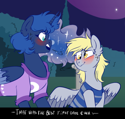 Size: 1016x963 | Tagged: safe, artist:erockertorres, artist:soft-arthropod, derpy hooves, princess luna, alicorn, pegasus, pony, blushing, clothes, cute, date, derpyluna daily, dialogue, female, lesbian, lunaderp, mare, night, shipping, shirt, stars