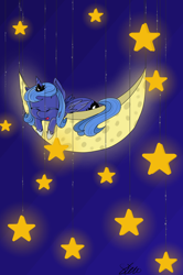 Size: 1356x2048 | Tagged: safe, artist:barkmist, princess luna, alicorn, pony, eyes closed, filly, moon, prone, solo, stars, tangible heavenly object, woona, younger