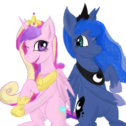 Size: 2000x2000 | Tagged: safe, artist:yinglongfujun, princess cadance, princess luna, alicorn, pony, one eye closed, simple background, smiling, transparent background, wink