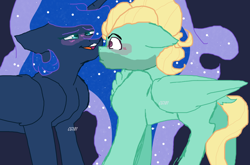 Size: 1024x676 | Tagged: safe, artist:cutegir101, princess luna, zephyr breeze, alicorn, pony, blushing, crack shipping, lunabreeze, male, ruffled feathers, shipping, straight