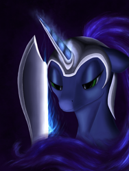 Size: 1536x2048 | Tagged: safe, artist:qebehsenuef, princess luna, alicorn, pony, bust, helmet, magic, portrait, solo, sword, weapon