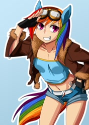 Size: 842x1191 | Tagged: safe, artist:ultraspank, rainbow dash, adorasexy, belt, clothes, cute, eared humanization, goggles, humanized, legs, sexy, shorts, solo, tailed humanization