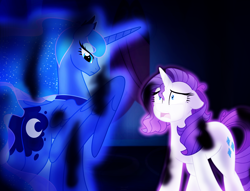 Size: 1644x1257 | Tagged: safe, artist:faith-wolff, princess luna, rarity, alicorn, pony, unicorn, fanfic:the bridge, duo, ethereal mane, fanfic, fanfic art, fanfic in the description, female, mare, starry mane, story included