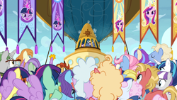 Size: 1920x1080 | Tagged: safe, screencap, agua fresca, iron will, lens reflex, lily peel, paddleball (character), princess cadance, shining armor, sun cloche, sunny side, twilight sparkle, twilight sparkle (alicorn), twilight velvet, alicorn, pony, unicorn, once upon a zeppelin, airship, alicorn costume, clothes, costume, fake horn, fake wings, twilight sparkle costume, zeppelin