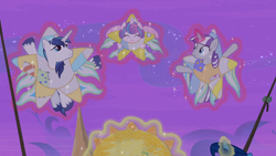 Size: 1920x1080 | Tagged: safe, screencap, night light, princess flurry heart, shining armor, twilight velvet, alicorn, pony, unicorn, once upon a zeppelin, airship, catasterism, clothes, costume, cute, father and child, father and daughter, father and son, female, filly, flurrybetes, foal, grandfather and grandchild, grandmother and grandchild, husband and wife, levitation, magic, majestic as fuck, male, mare, mother and child, mother and son, nightvelvet, northern star costume, parent and child, self-levitation, stallion, telekinesis, zeppelin