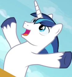 Size: 524x563 | Tagged: safe, screencap, shining armor, pony, unicorn, once upon a zeppelin, cropped, cute, happy, horn, pretending to fly, shining adorable, solo, unshorn fetlocks