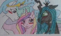 Size: 1371x807 | Tagged: safe, artist:tejedora, princess cadance, princess celestia, queen chrysalis, alicorn, changeling, changeling queen, pony, blushing, cadalis, celestiance, chryslestia, chryslestiance, crayon drawing, cute, cutealis, cutedance, cutelestia, female, graph paper, infidelity, lesbian, lined paper, looking at each other, ot3, shipping, traditional art