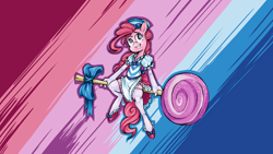 Size: 2560x1440 | Tagged: safe, artist:skrapbox, pinkie pie, anthro, earth pony, unguligrade anthro, candy, clothes, cute, evening gloves, female, food, gloves, hat, lollipop, long gloves, mare, smiling, solo, stockings, thigh highs