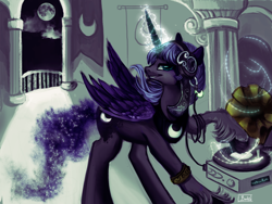 Size: 1000x750 | Tagged: safe, artist:trojan-pony, princess luna, alicorn, pony, grin, headphones, magic, moon, night, smiling, solo, unshorn fetlocks