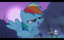 Size: 1279x799 | Tagged: safe, screencap, rainbow dash, pegasus, pony, sleepless in ponyville, hub logo, youtube caption