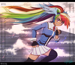 Size: 4000x3500 | Tagged: safe, artist:aloubell, rainbow dash, human, clothes, female, head wings, humanized, moe, pleated skirt, ponytail, running, school uniform, skirt, socks, solo, thigh highs, thighs, wing ears