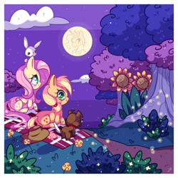 Size: 800x800 | Tagged: safe, artist:ipun, angel bunny, applejack, fluttershy, princess luna, winona, alicorn, earth pony, pegasus, pony, cloud, heart eyes, moon, night, picnic blanket, prone, sunflower, tree, wingding eyes