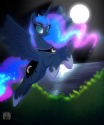 Size: 1000x1200 | Tagged: safe, artist:flutteringpie, princess luna, alicorn, pony, flying, moon, night, solo, water