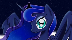 Size: 1024x576 | Tagged: safe, artist:bonsia-lucky, princess luna, alicorn, pony, looking at you, moon, solo, stars