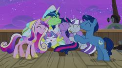 Size: 1920x1080 | Tagged: safe, screencap, night light, princess cadance, princess flurry heart, shining armor, twilight sparkle, twilight sparkle (alicorn), twilight velvet, alicorn, pony, unicorn, once upon a zeppelin, airship, airsick, airsick armor, eyes closed, family, female, green face, group hug, hoof shoes, hug, male, mare, sick, smiling, stallion, unshorn fetlocks, zeppelin