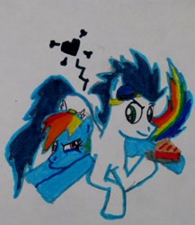 Size: 900x1037 | Tagged: safe, artist:mewluna, rainbow dash, soarin', pegasus, pony, female, male, pie, shipping, soarindash, straight, that pony sure does love pies