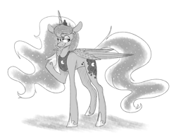 Size: 4000x3000 | Tagged: safe, artist:saraart228, princess luna, alicorn, pony, grayscale, monochrome, raised hoof, smiling, solo