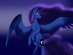 Size: 1024x768 | Tagged: safe, artist:drawitwriteit, princess luna, alicorn, pony, flying, lineless, solo, space, stars