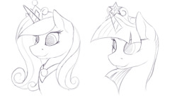 Size: 1600x889 | Tagged: safe, artist:ac-whiteraven, princess cadance, twilight sparkle, twilight sparkle (alicorn), alicorn, pony, bust, grayscale, monochrome, portrait, solo