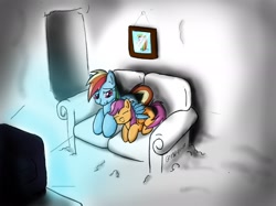 Size: 2184x1633 | Tagged: safe, artist:globalpredatorx, rainbow dash, scootaloo, pegasus, pony, scootalove, sofa, television, winghug