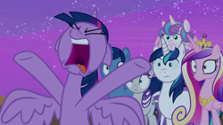 Size: 1280x720 | Tagged: safe, screencap, night light, princess cadance, princess flurry heart, shining armor, twilight sparkle, twilight sparkle (alicorn), twilight velvet, alicorn, pony, unicorn, once upon a zeppelin, angry, open mouth, spread wings, twilight is not amused, unamused, volumetric mouth, wings, yelling