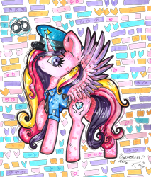 Size: 1608x1888 | Tagged: safe, artist:bizonekx33, princess cadance, alicorn, pony, cuffs, magic, police uniform, raised hoof, solo, spread wings, telekinesis, traditional art