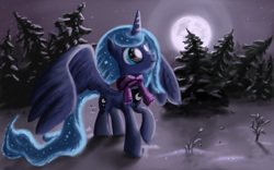 Size: 3840x2400 | Tagged: safe, artist:staremastershy, princess luna, alicorn, pony, clothes, eye reflection, forest, moon, night, scarf, snow, solo, spread wings, winter