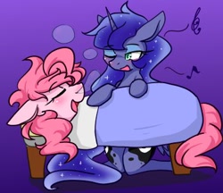 Size: 370x320 | Tagged: safe, artist:azurepicker, pinkie pie, princess luna, alicorn, earth pony, pony, bed, both cutie marks, duo, gradient background, lullaby, snot bubble, weird leg anatomy