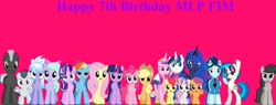 Size: 1024x388 | Tagged: safe, artist:chainchomp2 edit, artist:frownfactory, artist:jawsandgumballfan24, apple bloom, cloudchaser, dj pon-3, flitter, fluttershy, octavia melody, pinkie pie, princess cadance, princess luna, rainbow dash, rarity, rumble, scootaloo, shining armor, soarin', starlight glimmer, sweetie belle, thunderlane, twilight sparkle, twilight sparkle (alicorn), vinyl scratch, alicorn, earth pony, pegasus, pony, unicorn, cutie mark crusaders, happy birthday mlp:fim, looking at you, mlp fim's seventh anniversary, needs more jpeg