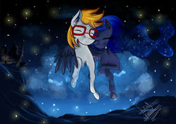 Size: 3507x2480 | Tagged: safe, artist:scarlett-letter, princess luna, oc, alicorn, pony, canterlot castle, hug, night, winghug