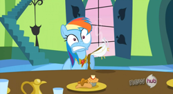 Size: 852x466 | Tagged: safe, screencap, rainbow dash, pegasus, pony, keep calm and flutter on, faic, female, funny, funny as hell, gravy, gravy boat, hub logo, mare, ouch, out of context, pain, rainbow dash is best facemaker, wide eyes