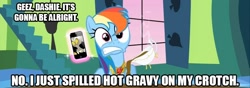 Size: 700x246 | Tagged: safe, edit, edited screencap, screencap, discord, rainbow dash, pegasus, pony, keep calm and flutter on, caption, female, gravy, gravy boat, image macro, iphone, mare, phone, scott pilgrim