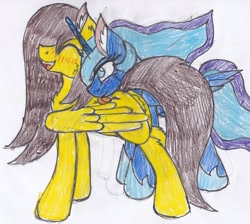 Size: 2738x2458 | Tagged: safe, artist:cuddlelamb, princess luna, oc, oc:golden lily, alicorn, pegasus, pony, blushing, eyes closed, laughing, licking, tickling, tongue out, traditional art