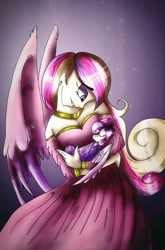 Size: 800x1212 | Tagged: safe, artist:mayamermaid, princess cadance, princess flurry heart, human, cleavage, clothes, dress, female, humanized, mama cadence, mother and child, mother and daughter, parent and child, winged humanization