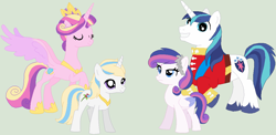 Size: 1088x532 | Tagged: safe, artist:lost-our-dreams, princess cadance, shining armor, oc, oc:athena cuore impavido, oc:romeo, alicorn, pegasus, pony, unicorn, colt, female, filly, male, offspring, parent:princess cadance, parent:shining armor, parents:shiningcadance, shiningcadance, shipping, simple background, straight